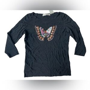 VINTAGE Y2K LUCIA BURNS BEADED BUTTERFLY RAYON 3/4 SLEEVE SHIRT WOMENS SMALL